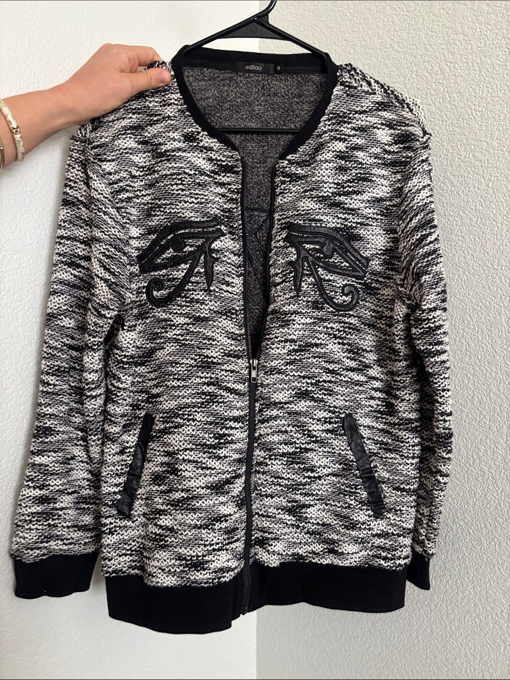 Millau Black & White Mélange Zip Cardigan with Embroidered Eye Motifs